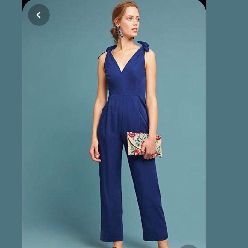 Tracy Reese X Anthropologie Navy Blue Jumpsuit With V-Neck And Bow Shoulders New